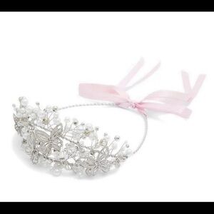 Silver Butterfly Pearl Headband with Pink Ribbon x WICKED